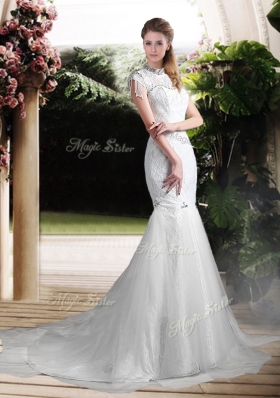 2016 Mermaid High Neck Beading Wedding Dresses with Brush Train