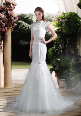 2016 Mermaid High Neck Beading Wedding Dresses with Brush Train