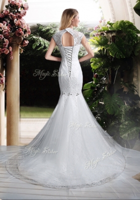 2016 Mermaid High Neck Beading Wedding Dresses with Brush Train