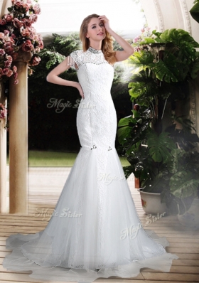 2016 Mermaid High Neck Beading Wedding Dresses with Brush Train