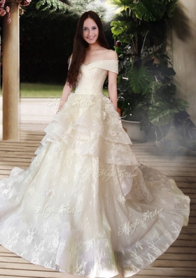 2016 New Style A Line Court Train Wedding Dresses with Off the Shoulder