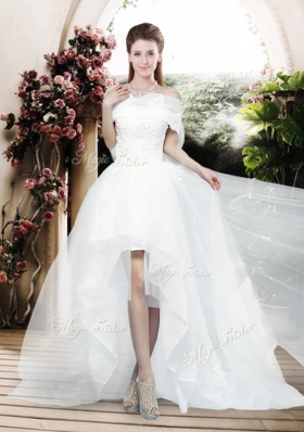 2016 Pretty Appliques and Bowknot High Low Wedding Dresses with Cap Sleeves