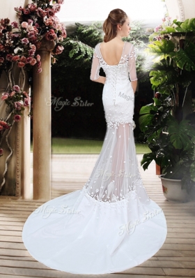 2016 Column Scoop Brush Train Appliques Wedding Dresses with Half Sleeves