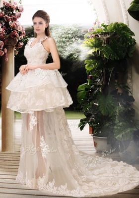 2016 Latest Appliques Straps Wedding Dresses with Brush Train