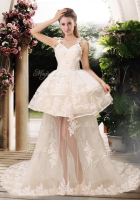 2016 Latest Appliques Straps Wedding Dresses with Brush Train