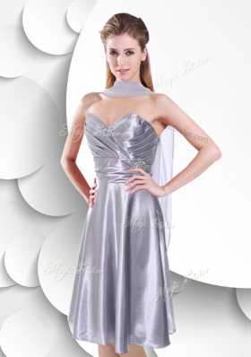 2016 Best Empire Elastic Woven Satin Silver Bridesmaid Dress with Beading and Ruching