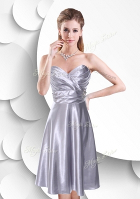 2016 Best Empire Elastic Woven Satin Silver Bridesmaid Dress with Beading and Ruching