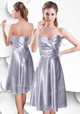 2016 Best Empire Elastic Woven Satin Silver Bridesmaid Dress with Beading and Ruching