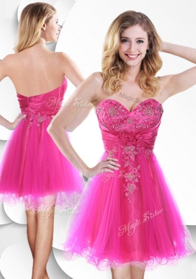 2016 Lovely Short Hot Pink Bridesmaid Dress with Beading and Hand Made Flowers