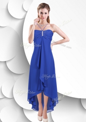 2016 Simple Spaghetti Straps High Low Blue Bridesmaid Dress with Beading