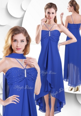 2016 Simple Spaghetti Straps High Low Blue Bridesmaid Dress with Beading