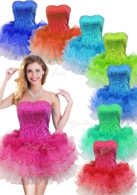 2016 Colorful Strapless Short Dama Dresses with Sequins and Ruffles