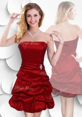 2016 Latest Strapless Taffeta Wine Red Dama Dresses with Bubles