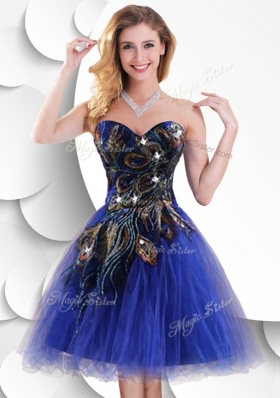 2016 Luxurious Short Peacock Blue Prom Dress with Beading and Appliques