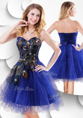 2016 Luxurious Short Peacock Blue Prom Dress with Beading and Appliques