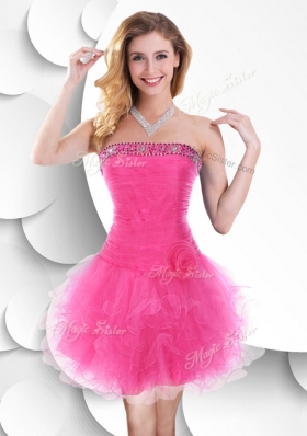 2016 Luxurious Strapless Hot Pink Dama Dresses with Beading and Ruffles