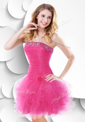 2016 Luxurious Strapless Hot Pink Dama Dresses with Beading and Ruffles