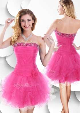 2016 Luxurious Strapless Hot Pink Dama Dresses with Beading and Ruffles