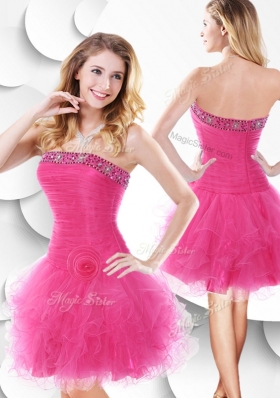 2016 Luxurious Strapless Hot Pink Dama Dresses with Beading and Ruffles