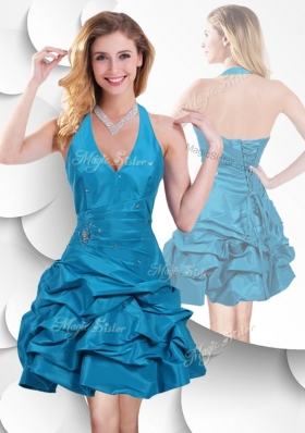 2016 Romantic Halter Top Taffeta Teal Prom Dress with Bubles