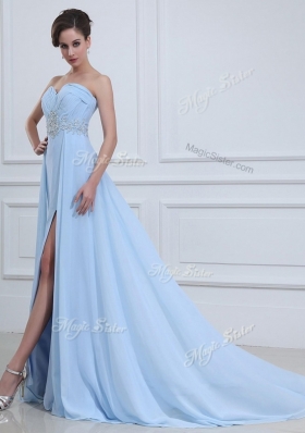 Sexy Brush Train Sweetheart Beading Prom Dresses in Light Blue