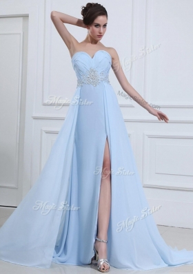 Sexy Brush Train Sweetheart Beading Prom Dresses in Light Blue