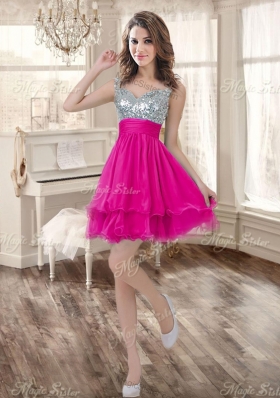 Pretty Hot Pink Beaded and Ruffled Quinceanera Dress and Short Sequined Dama Dresses and Strapless Mini Quinceanera Dress