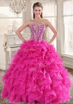 Pretty Hot Pink Beaded and Ruffled Quinceanera Dress and Short Sequined Dama Dresses and Strapless Mini Quinceanera Dress