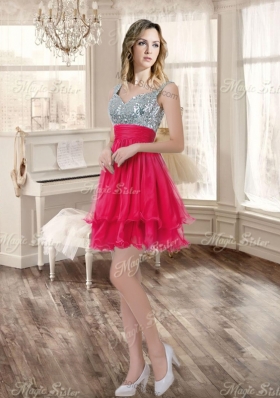 Visible Boning Coral Red Quinceanera Dress and Short Sequined Dama Dresses and Beaded and Ruffled Mini Quinceanera Dress