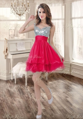 Visible Boning Coral Red Quinceanera Dress and Short Sequined Dama Dresses and Beaded and Ruffled Mini Quinceanera Dress