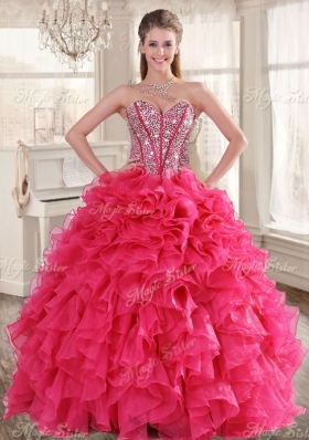 Visible Boning Coral Red Quinceanera Dress and Short Sequined Dama Dresses and Beaded and Ruffled Mini Quinceanera Dress