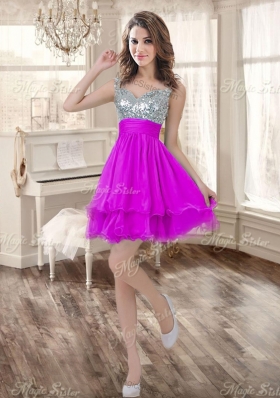 Visible Boning Fuchsia Sweet 16 Gown and Sequined Dama Dresses Beaded and Ruffled Mini Quinceanera Dress