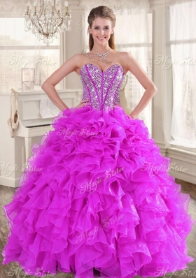 Visible Boning Fuchsia Sweet 16 Gown and Sequined Dama Dresses Beaded and Ruffled Mini Quinceanera Dress