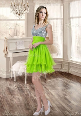 Visible Boning Yellow Green Quinceanera Gown and Sequined Short  Dama Dresses and Beaded and Ruffled Mini Quinceanera Dress