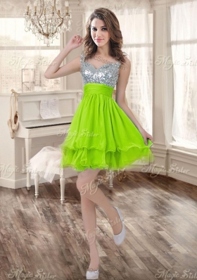 Visible Boning Yellow Green Quinceanera Gown and Sequined Short  Dama Dresses and Beaded and Ruffled Mini Quinceanera Dress