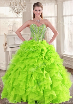 Visible Boning Yellow Green Quinceanera Gown and Sequined Short  Dama Dresses and Beaded and Ruffled Mini Quinceanera Dress