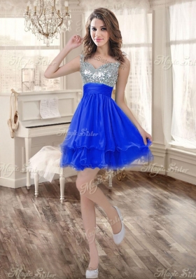 Big Puffy Beaded Blue Quinceanera Dress and Sequined Short  Dama Dresses Ruffled Mini Quinceanera Dress