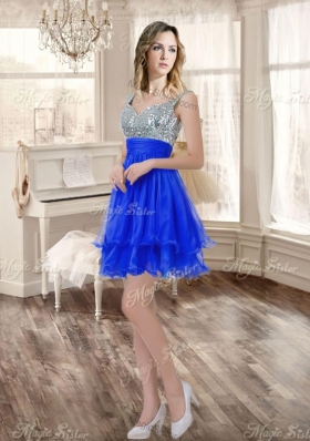 Big Puffy Beaded Blue Quinceanera Dress and Sequined Short  Dama Dresses Ruffled Mini Quinceanera Dress