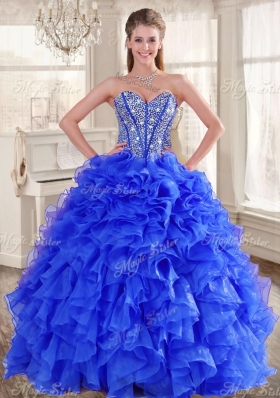 Big Puffy Beaded Blue Quinceanera Dress and Sequined Short  Dama Dresses Ruffled Mini Quinceanera Dress