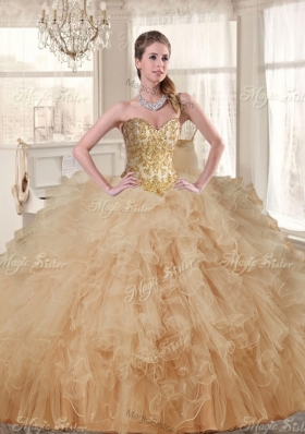 Classical Applique and Ruffled Champagne Sweet 16 Dress and Short Dama Dresses