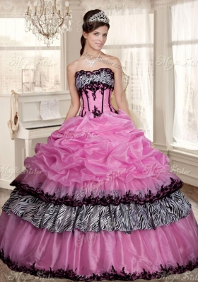 Luxurious Applique Zebra Rose Pink Quinceanera Dress and Strapless White Dama Dresses and Pick Ups Mini Quinceanera Dress and Applique Mother of The Bride Dress