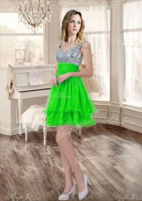 Really Puffy Spring Green Sweet 16 Dress and Sequined Short  Dama Dresses and Beaded and Ruffled Mini Quinceanera Dress