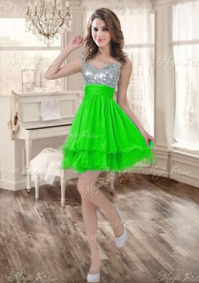 Really Puffy Spring Green Sweet 16 Dress and Sequined Short  Dama Dresses and Beaded and Ruffled Mini Quinceanera Dress