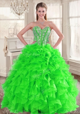 Really Puffy Spring Green Sweet 16 Dress and Sequined Short  Dama Dresses and Beaded and Ruffled Mini Quinceanera Dress