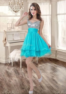 Visible Boning Aqua Blue Quinceanera Dress and Sequined Short  Dama Dresses Beaded and Ruffled Mini Quinceanera Dress