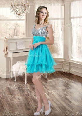 Visible Boning Aqua Blue Quinceanera Dress and Sequined Short  Dama Dresses Beaded and Ruffled Mini Quinceanera Dress