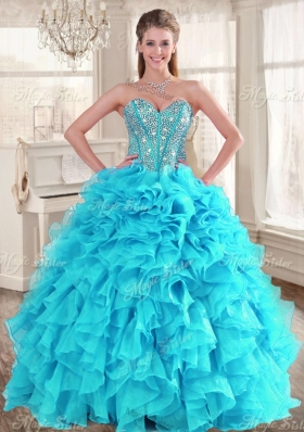 Visible Boning Aqua Blue Quinceanera Dress and Sequined Short  Dama Dresses Beaded and Ruffled Mini Quinceanera Dress