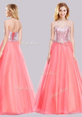 2016 Lovely A Line Tulle Sequined Long Prom Dress in Watermelon