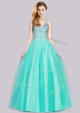 2016 Lovely Beaded Bodice Turquoise Prom Dress with V Neck