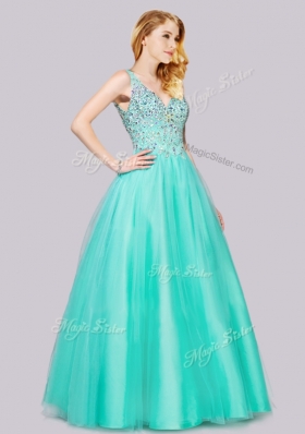 2016 Lovely Beaded Bodice Turquoise Prom Dress with V Neck